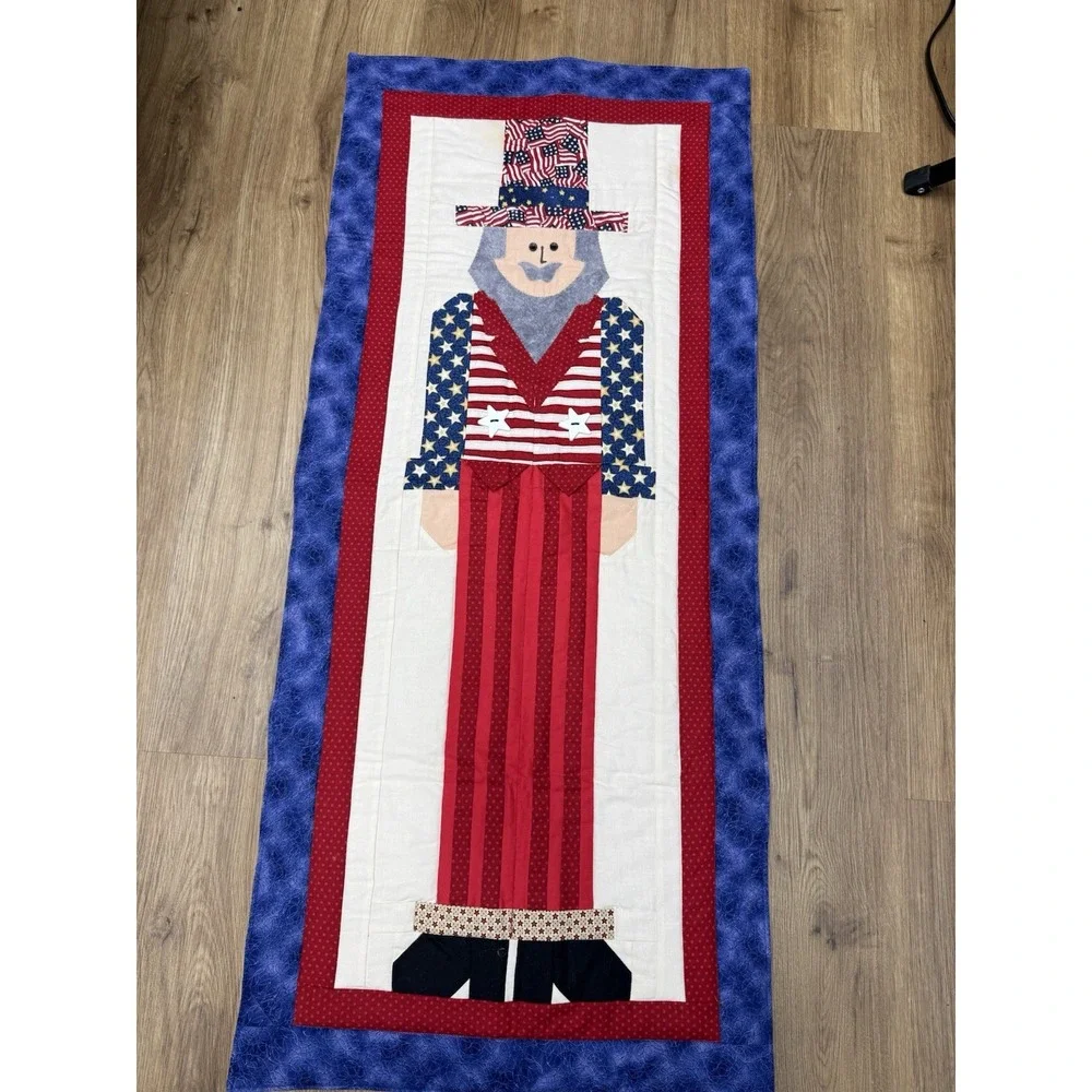 USA Patriotic Uncle Sam Red White Blue Handmade Quilted Table Runner July 41x18